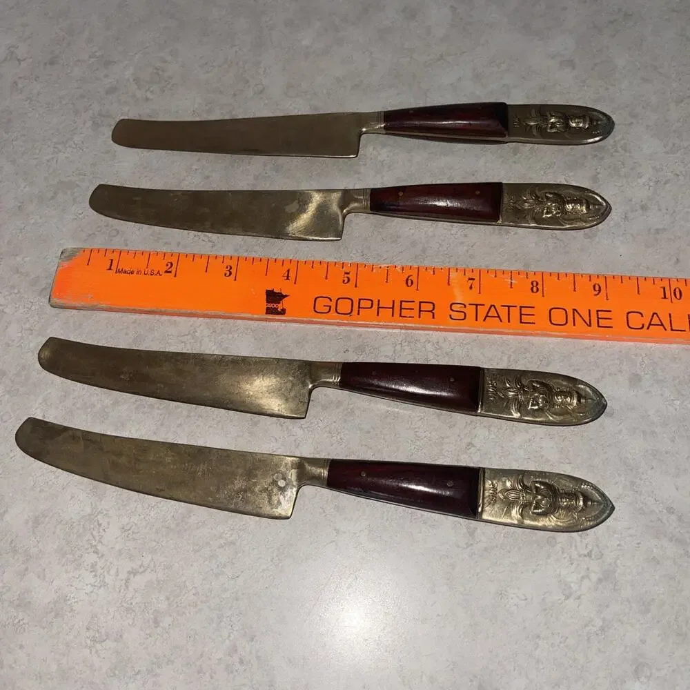 Vintage Buddha Bronze Knife 4 Piece Flatware Set Rare Asian Siam Thai MCM